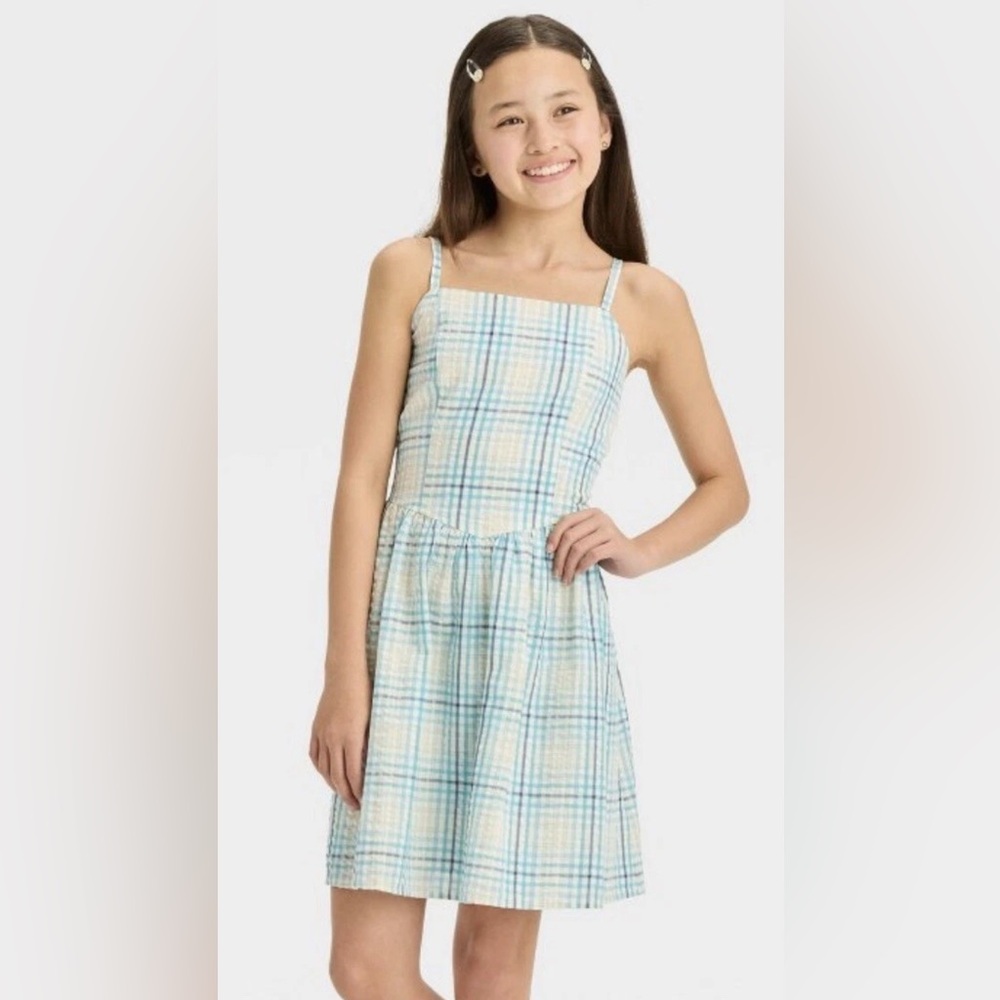 Art Class Girls Blue Gingham Spaghetti Strap Summer Dress Size XL (14)